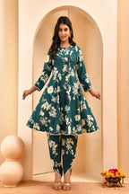 Vaasva Women Green Short Anarkali Kurta With Printed Pants | Grocsy