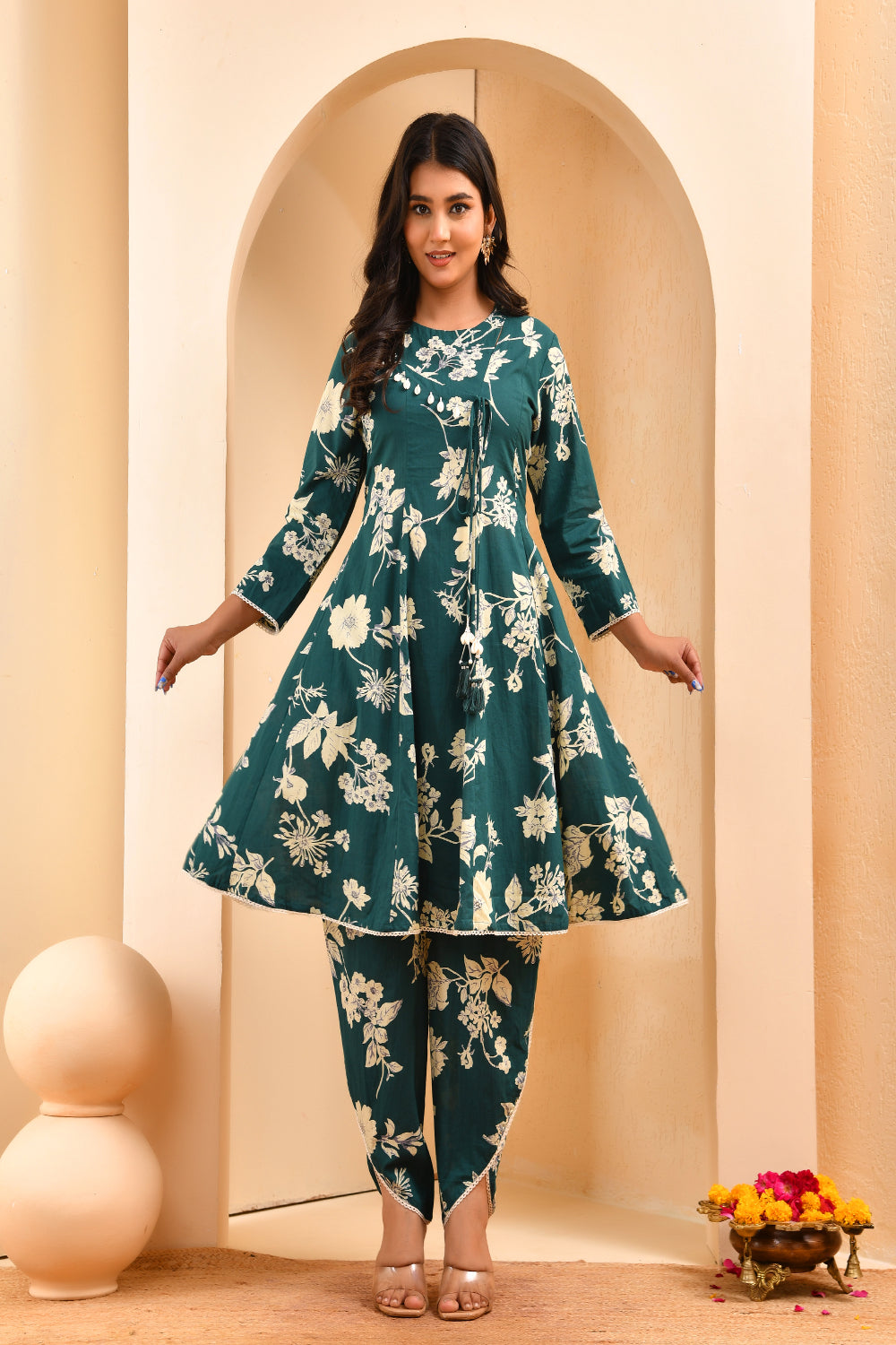 Vaasva Women Green Short Anarkali Kurta With Printed Pants | Grocsy