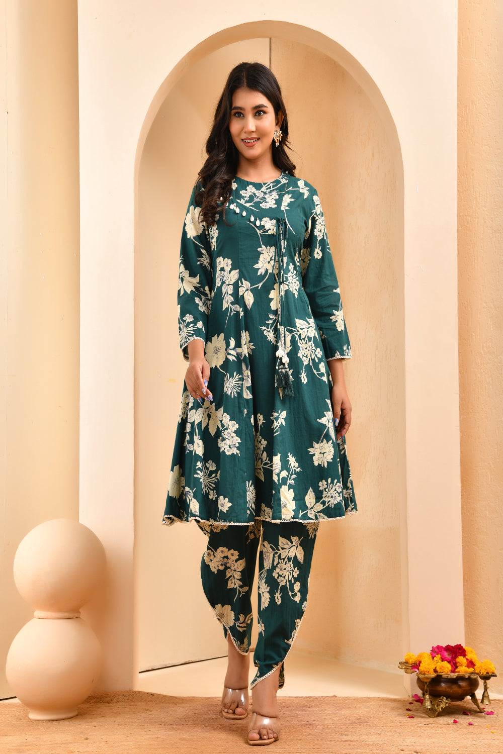 Vaasva Women Green Short Anarkali Kurta With Printed Pants | Grocsy