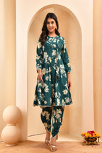 Vaasva Women Green Short Anarkali Kurta With Printed Pants | Grocsy