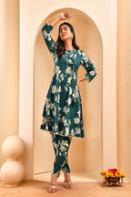 Vaasva Women Green Short Anarkali Kurta With Printed Pants | Grocsy