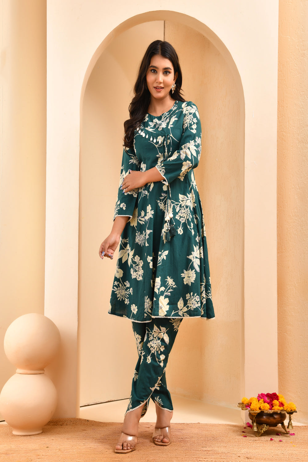 Vaasva Women Green Short Anarkali Kurta With Printed Pants | Grocsy