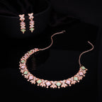 Tehzeeb Creations Rose Gold-Polished Sea Green & Baby Pink Choker Necklace With Dangle Earrings - Swadesiicart