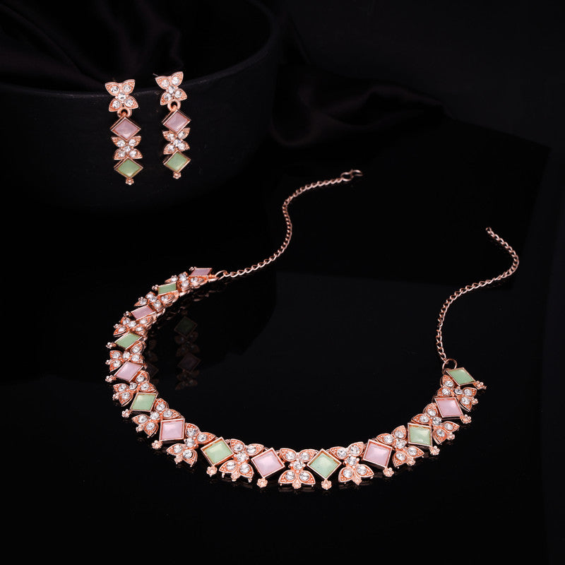 Tehzeeb Creations Rose Gold-Polished Sea Green & Baby Pink Choker Necklace With Dangle Earrings - Swadesiicart