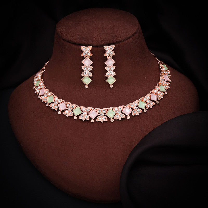 Tehzeeb Creations Rose Gold-Polished Sea Green & Baby Pink Choker Necklace With Dangle Earrings - Swadesiicart