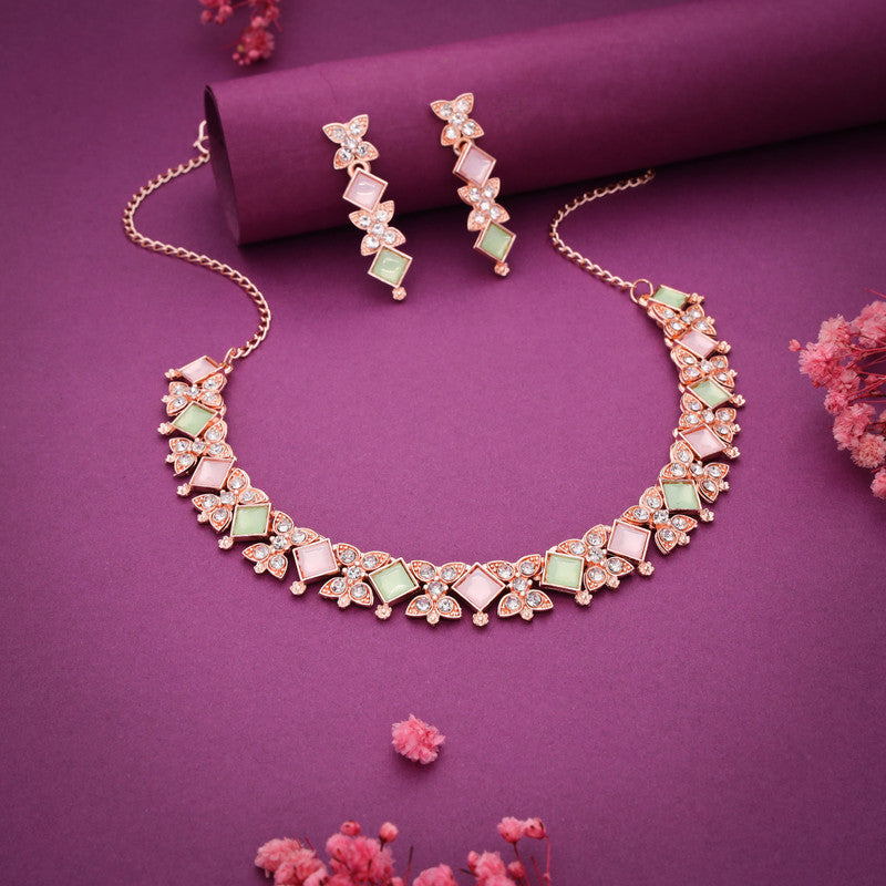 Tehzeeb Creations Rose Gold-Polished Sea Green & Baby Pink Choker Necklace With Dangle Earrings - Swadesiicart
