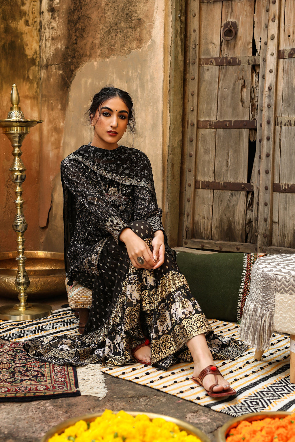 Juniper Women Black Georgette Printed Kurta, Sharara & Dupatta Set | Grocsy