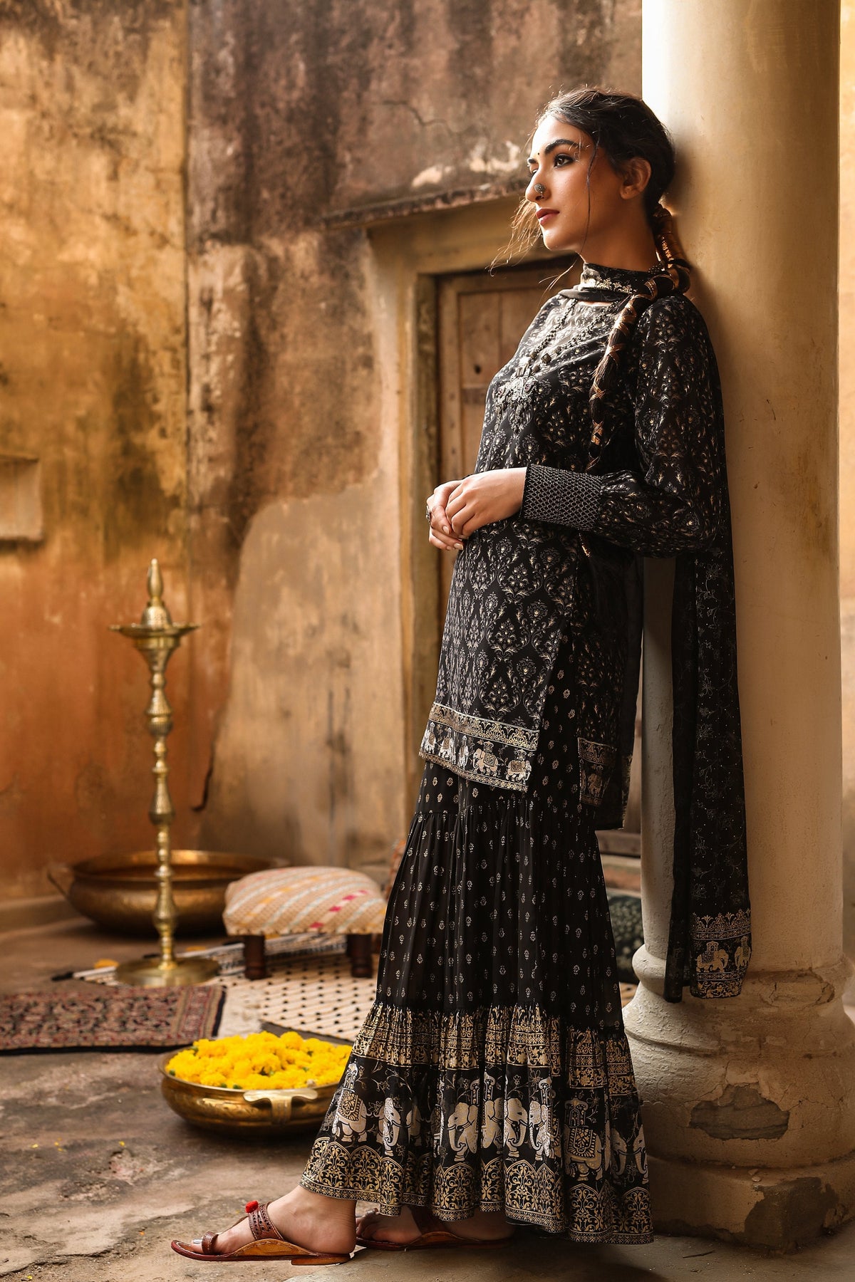 Juniper Women Black Georgette Printed Kurta, Sharara & Dupatta Set | Grocsy