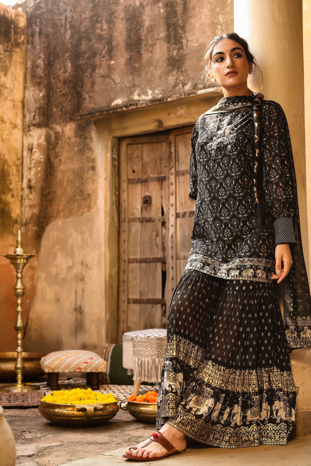 Juniper Women Black Georgette Printed Kurta, Sharara & Dupatta Set | Grocsy