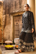 Juniper Women Black Georgette Printed Kurta, Sharara & Dupatta Set | Grocsy