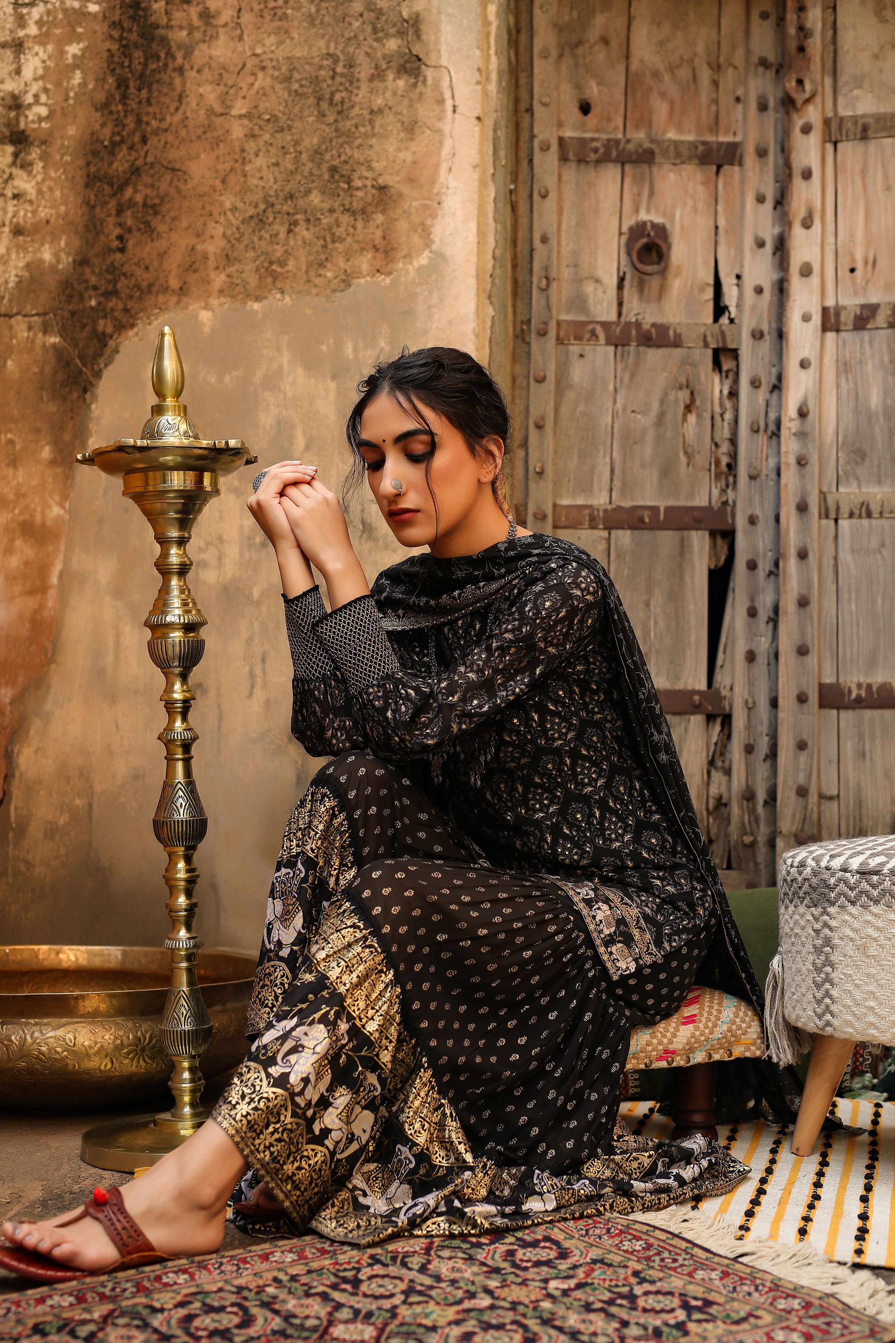 Juniper Women Black Georgette Printed Kurta, Sharara & Dupatta Set | Grocsy
