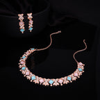 Tehzeeb Creations Rose Gold-Polished Sky & Baby Pink Choker Necklace With Dangle Earrings | Grocsy