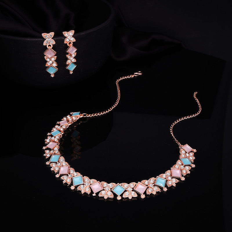 Tehzeeb Creations Rose Gold-Polished Sky & Baby Pink Choker Necklace With Dangle Earrings | Grocsy
