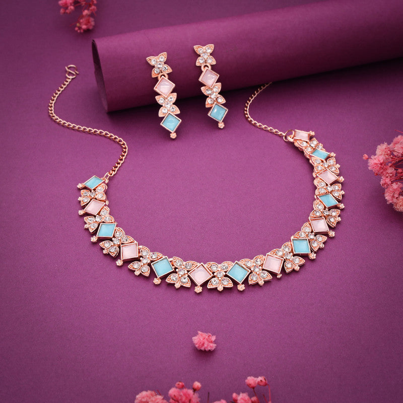 Tehzeeb Creations Rose Gold-Polished Sky & Baby Pink Choker Necklace With Dangle Earrings | Grocsy