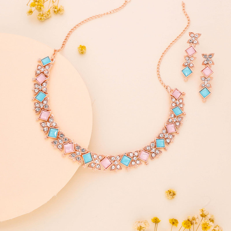 Tehzeeb Creations Rose Gold-Polished Sky & Baby Pink Choker Necklace With Dangle Earrings | Grocsy