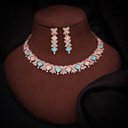 Tehzeeb Creations Rose Gold-Polished Sky & Baby Pink Choker Necklace With Dangle Earrings | Grocsy