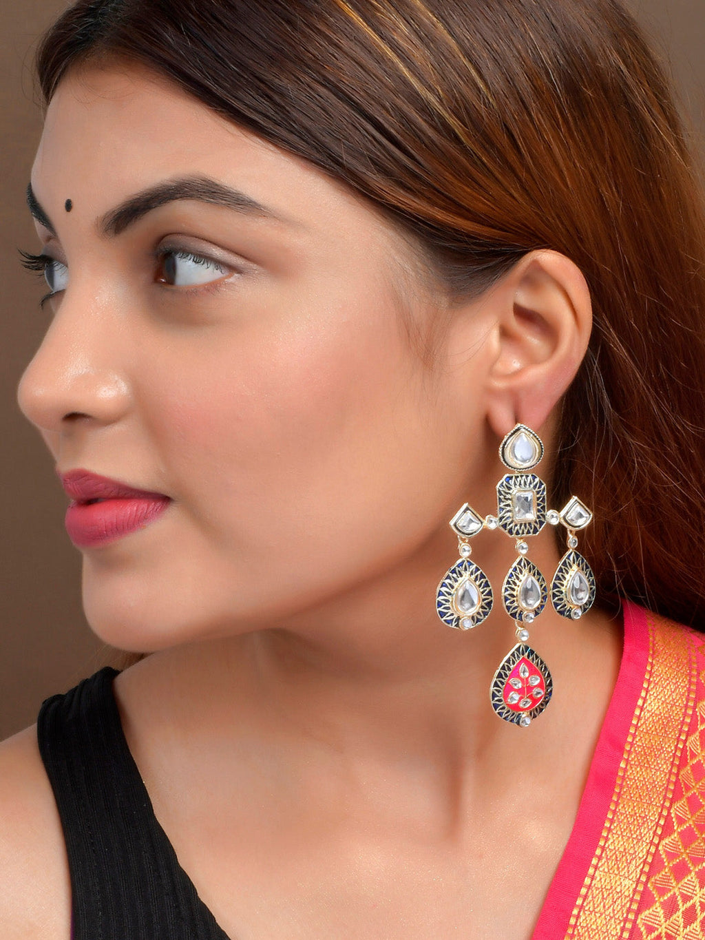 Shoshaa Gold-Polished Balck & Pink Kundan Enamel Drop Earrings | Grocsy