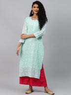 ADA Women Sea Green Chikankari Hand Embroidered Straight Kota Handloom Kurta With Matching Slip | Grocsy