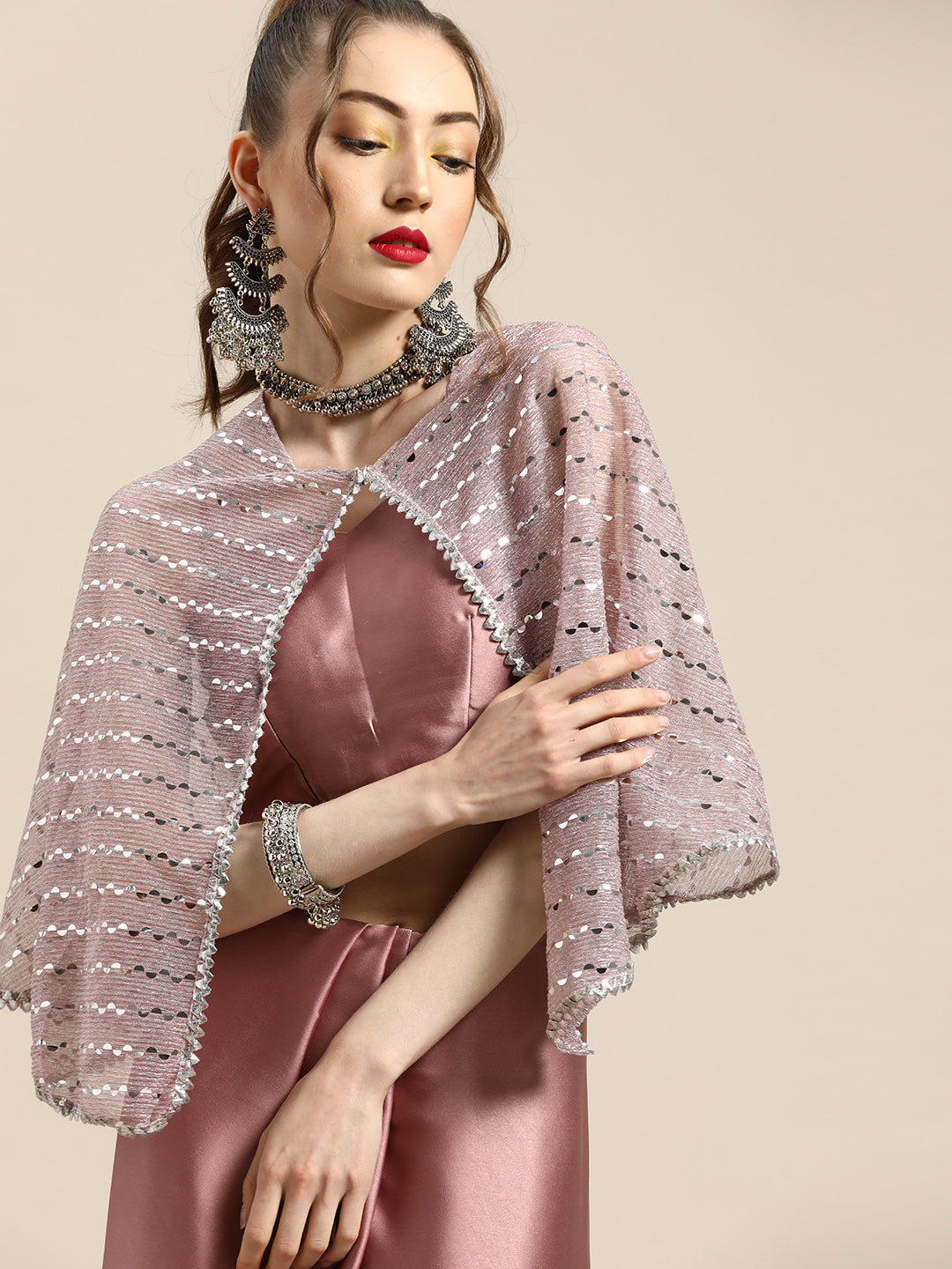 Tikhi Imli Trendy Mauve Sleek Poly Crepe Saree with Embellished Border & Cape | Grocsy