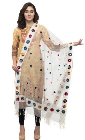 A R Silk Women's Orgenza Cotton Thread Work Cream Fancy Dupatta | Grocsy