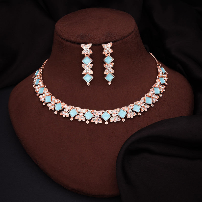 Tehzeeb Creations Rose Gold-Polished Sky Blue Choker Necklace With Dangle Earrings | Grocsy