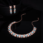 Tehzeeb Creations Rose Gold-Polished Sky Blue Choker Necklace With Dangle Earrings | Grocsy
