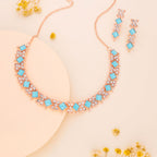 Tehzeeb Creations Rose Gold-Polished Sky Blue Choker Necklace With Dangle Earrings | Grocsy
