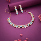 Tehzeeb Creations Rose Gold-Polished Sky Blue Choker Necklace With Dangle Earrings | Grocsy
