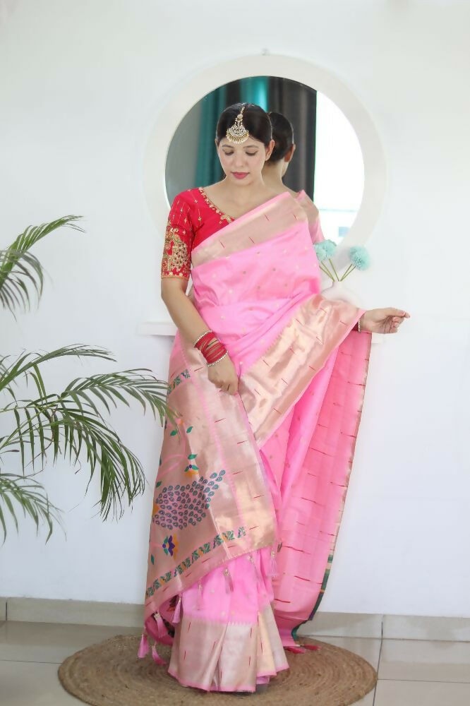 Pink Woven Jacquard Designer Embroidery Work Party Wear Saree - Parampara | Grocsy
