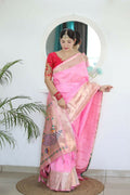 Pink Woven Jacquard Designer Embroidery Work Party Wear Saree - Parampara | Grocsy