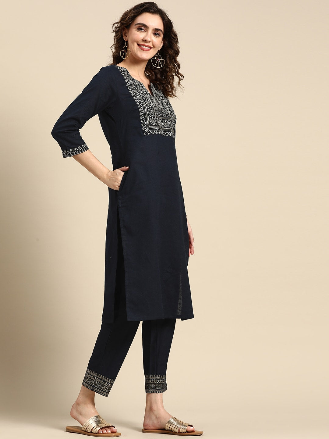 Sangria Women Ethnic Motifs Yoke Design Regular Pure Cotton Kurta with Trousers | Grocsy