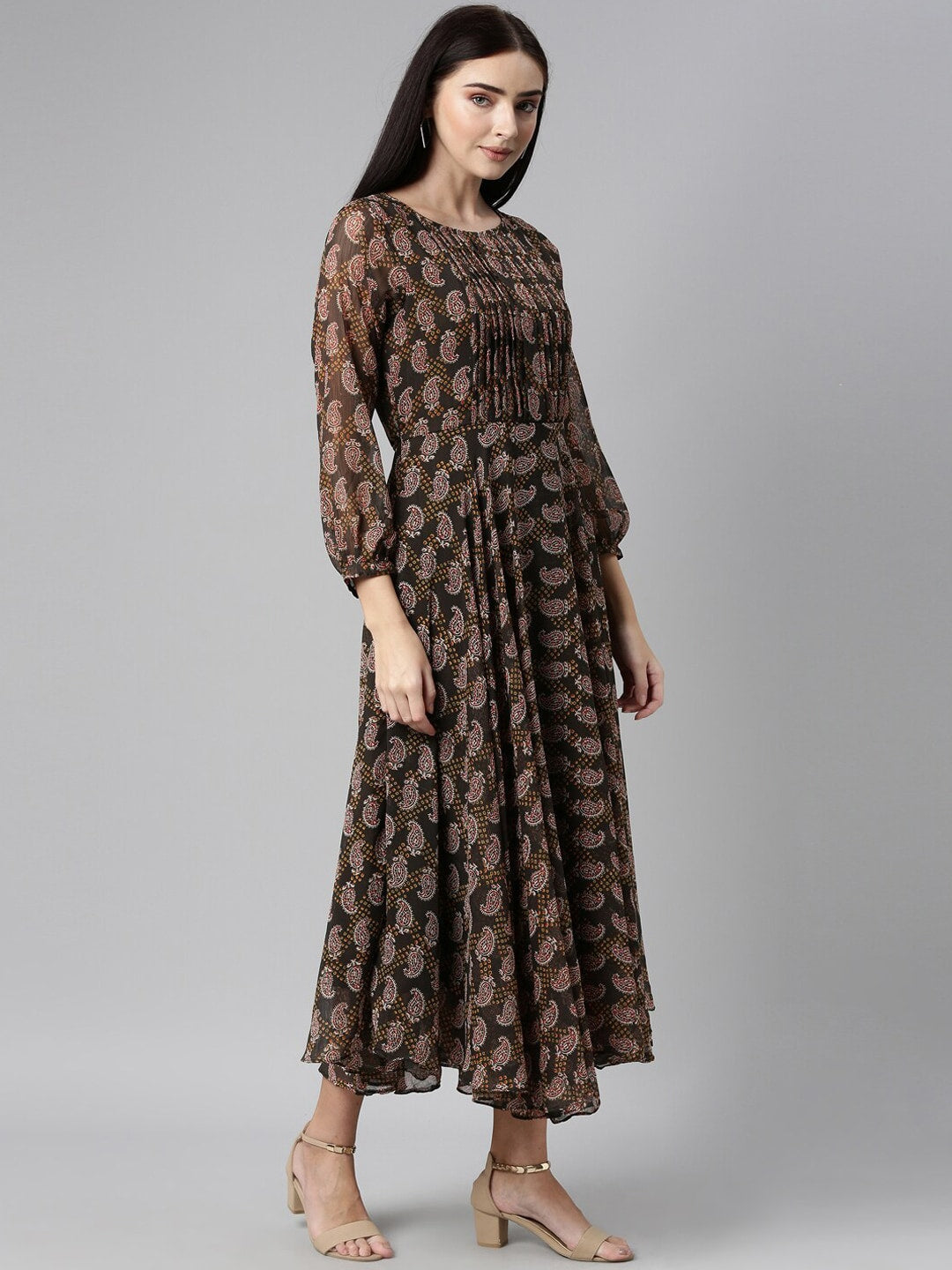 Souchii Olive Green & Red Ethnic Motifs Printed Chiffon A-Line Maxi Dress | Grocsy