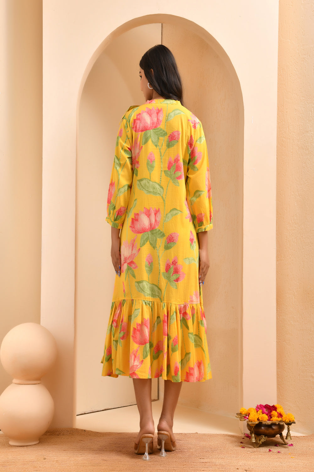 Vaasva Women Floral Printed Lemon Dress | Grocsy