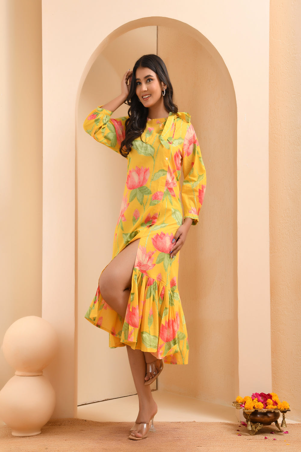 Vaasva Women Floral Printed Lemon Dress | Grocsy