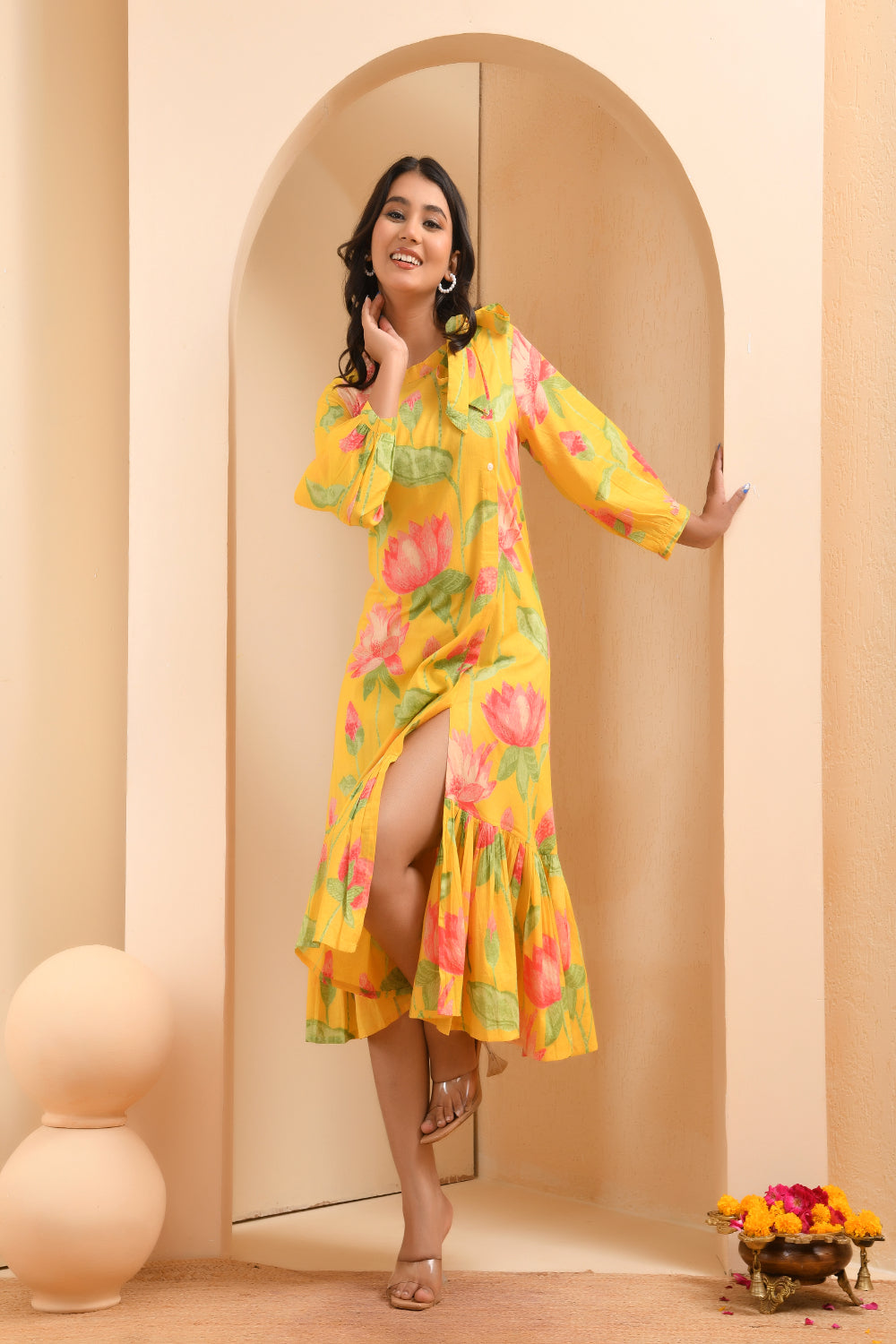 Vaasva Women Floral Printed Lemon Dress | Grocsy