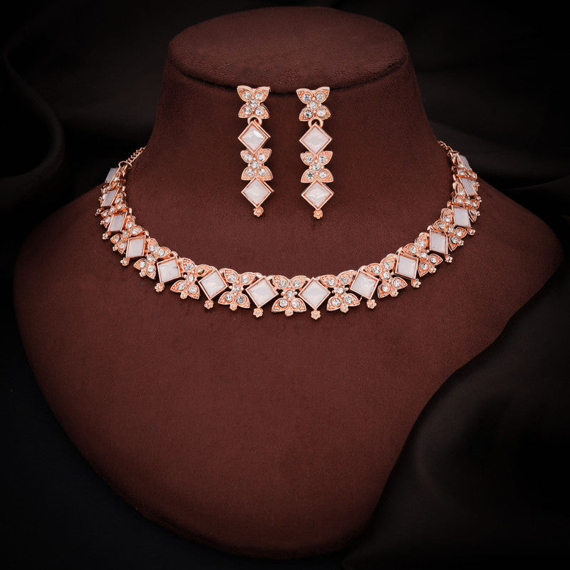 Tehzeeb Creations Rose Gold-Polished White Choker Necklace With Dangle Earrings | Grocsy