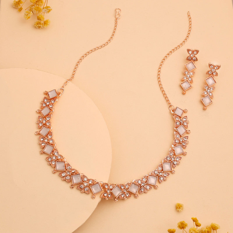 Tehzeeb Creations Rose Gold-Polished White Choker Necklace With Dangle Earrings | Grocsy
