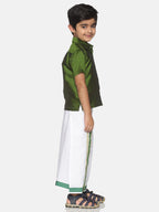 Sethukrishna Boys Olive Green & White Solid Shirt and Veshti Set | Grocsy