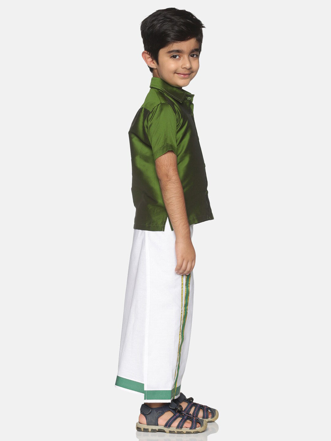 Sethukrishna Boys Olive Green & White Solid Shirt and Veshti Set | Grocsy