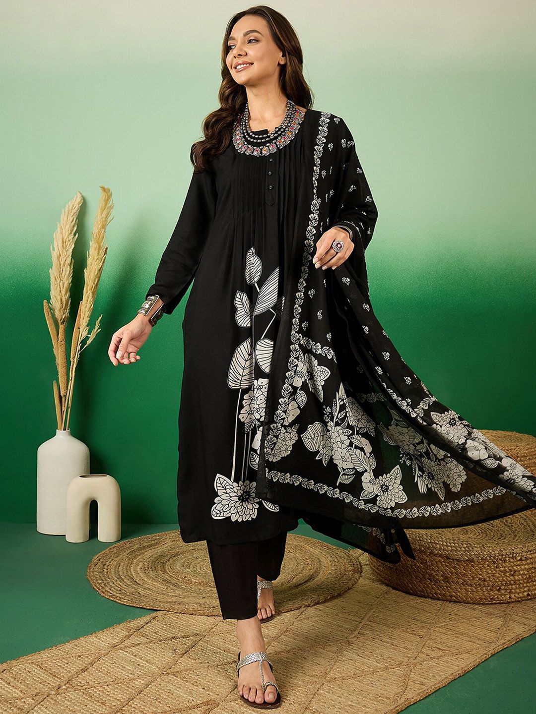 Sangria Floral Printed A-Line Kurta With Trouser & Dupatta | Grocsy