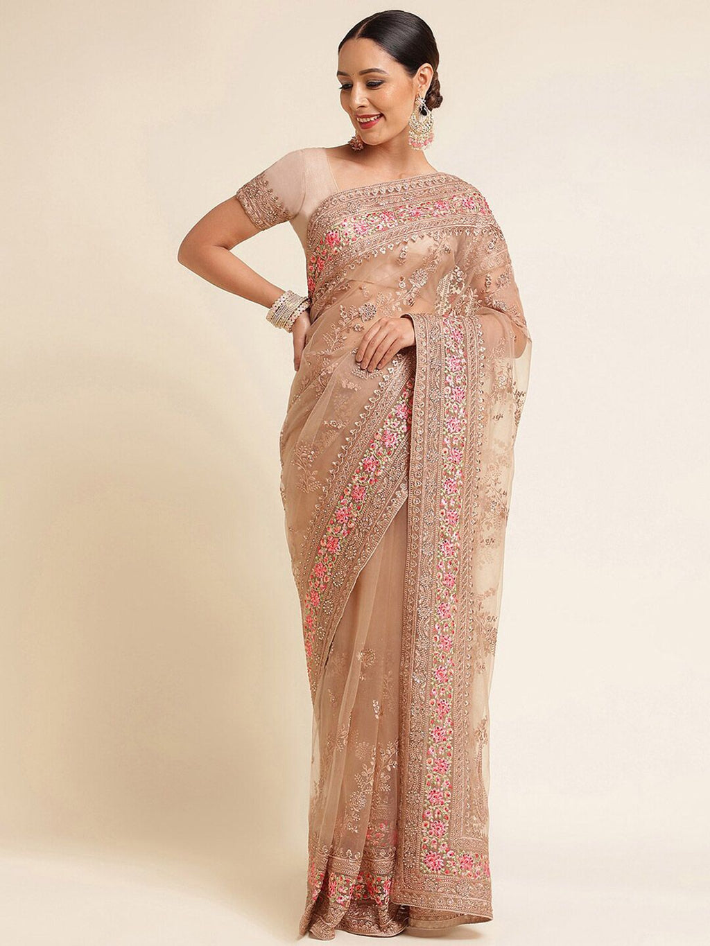 kasee Floral Embroidered Net Saree | Grocsy