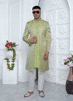 Raivat Ethnic Mens Jacquard Silk Embroidery Indo Western In Green Colour | Grocsy