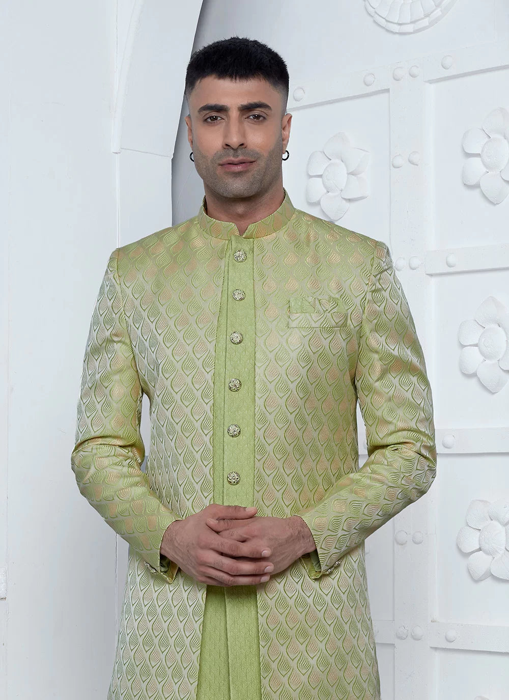 Raivat Ethnic Mens Jacquard Silk Embroidery Indo Western In Green Colour | Grocsy