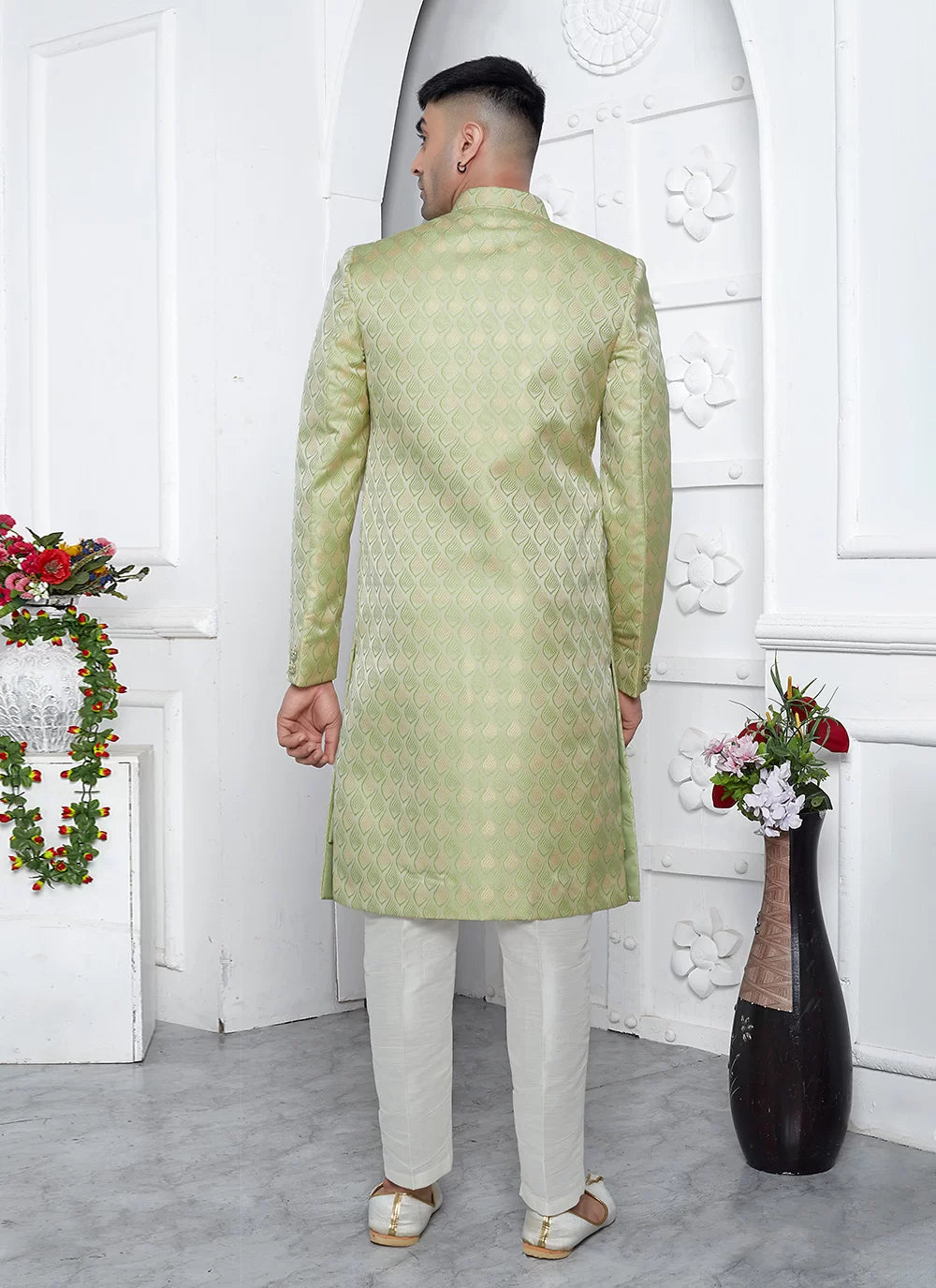 Raivat Ethnic Mens Jacquard Silk Embroidery Indo Western In Green Colour | Grocsy
