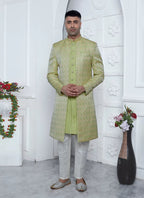 Raivat Ethnic Mens Jacquard Silk Embroidery Indo Western In Green Colour | Grocsy