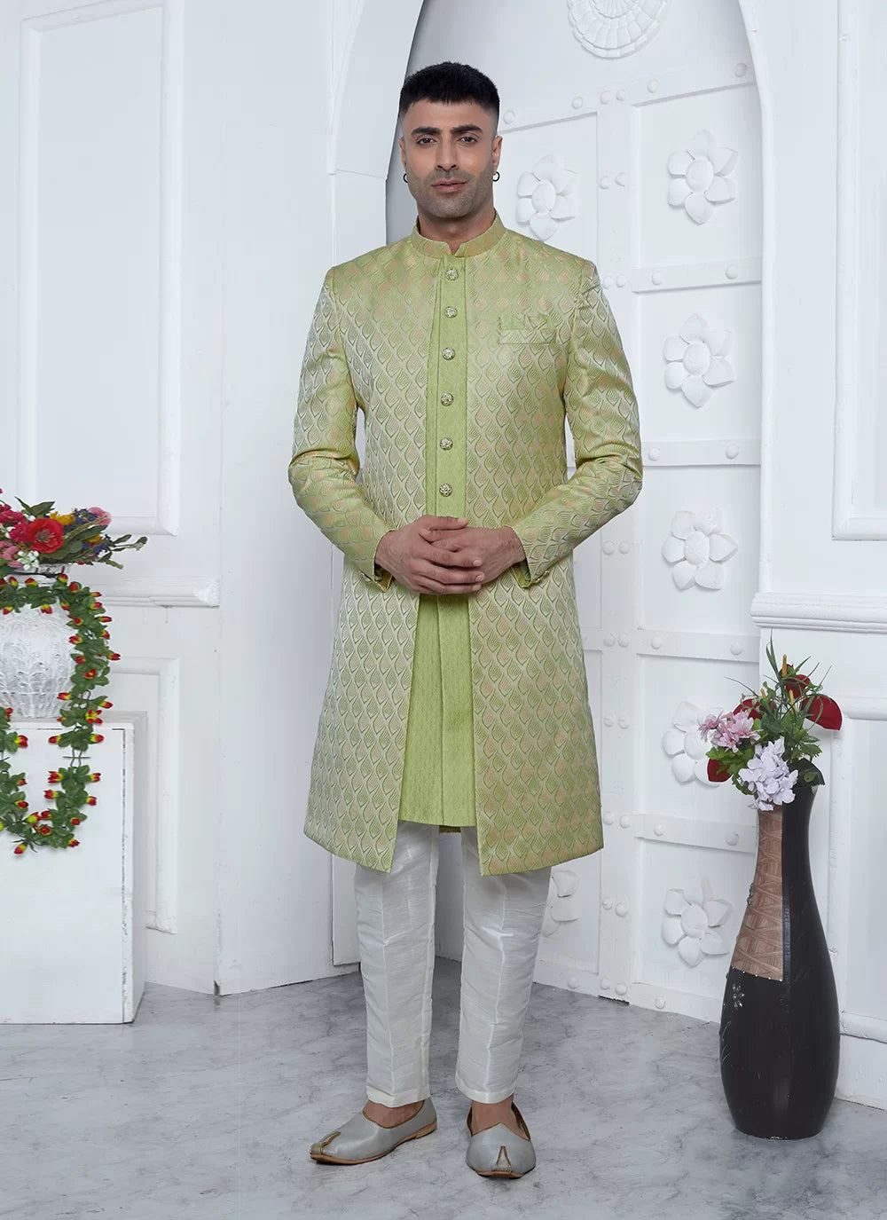Raivat Ethnic Mens Jacquard Silk Embroidery Indo Western In Green Colour | Grocsy