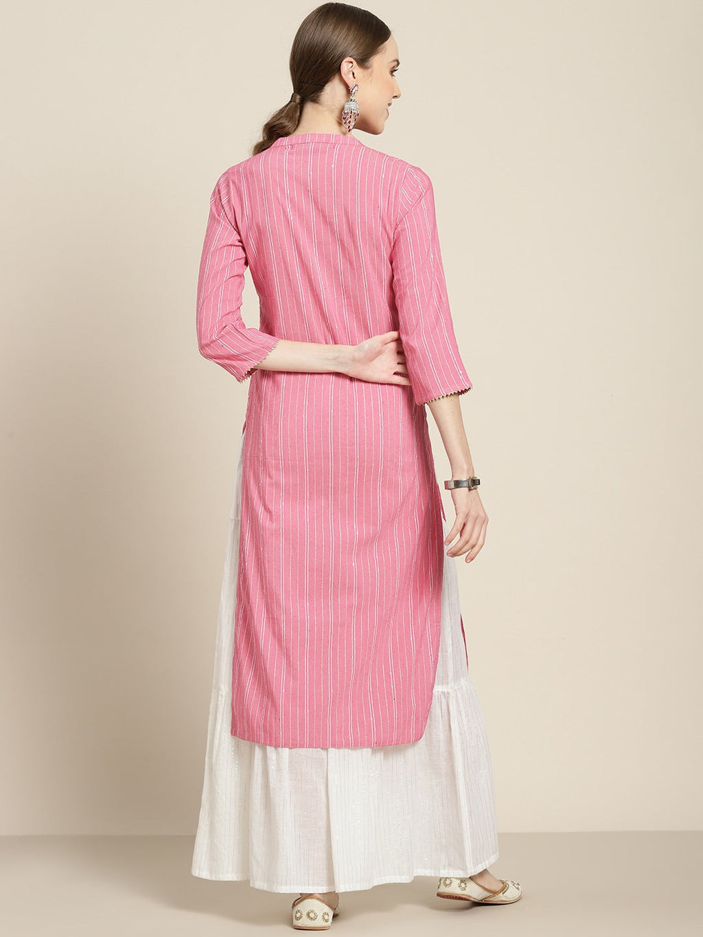 Sangria Women Pink & White Striped Sequin Detail Kurta | Grocsy