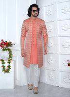 Raivat Ethnic Mens Jacquard Silk Embroidery Indo Western In Peach Pink Colour | Grocsy