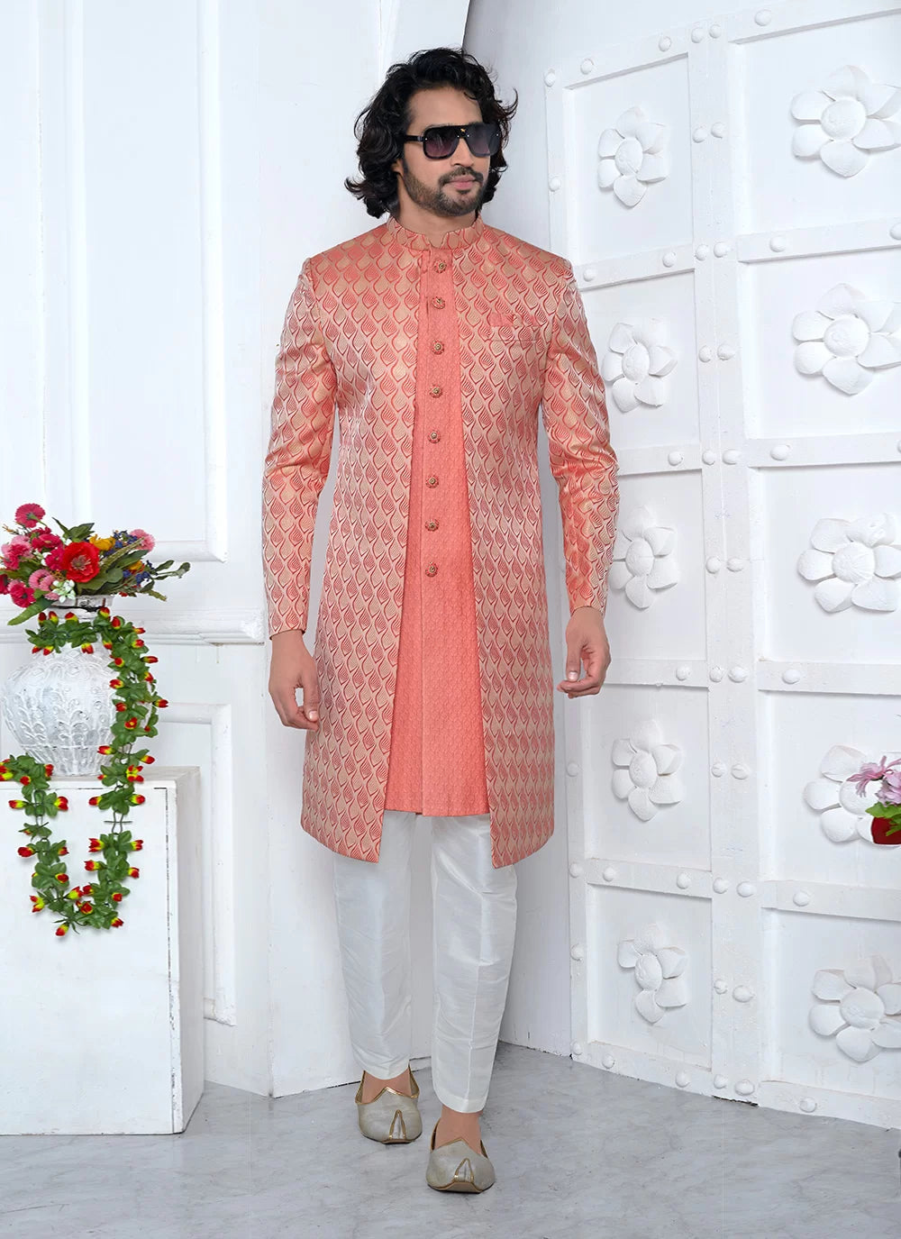 Raivat Ethnic Mens Jacquard Silk Embroidery Indo Western In Peach Pink Colour | Grocsy