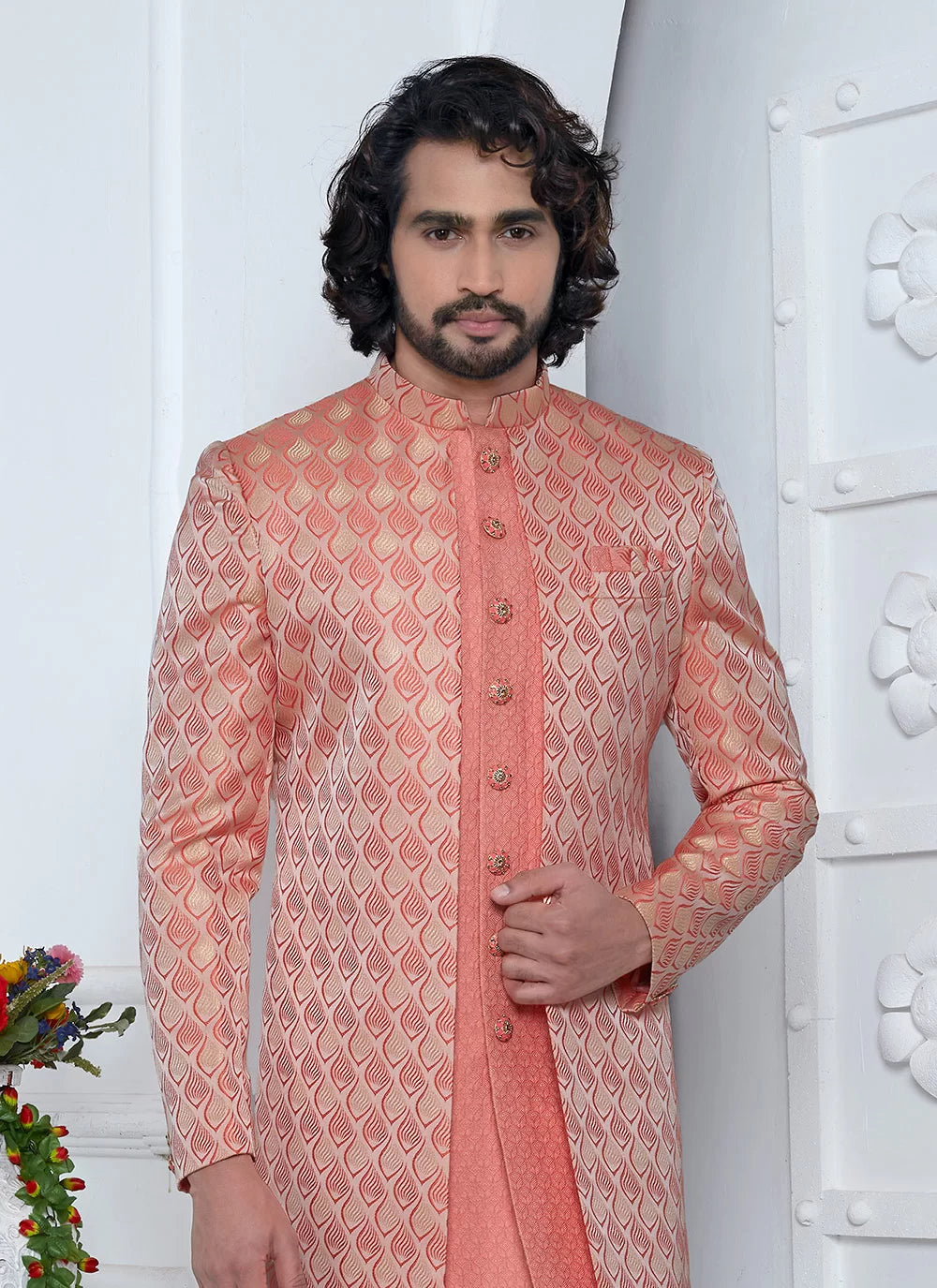 Raivat Ethnic Mens Jacquard Silk Embroidery Indo Western In Peach Pink Colour | Grocsy